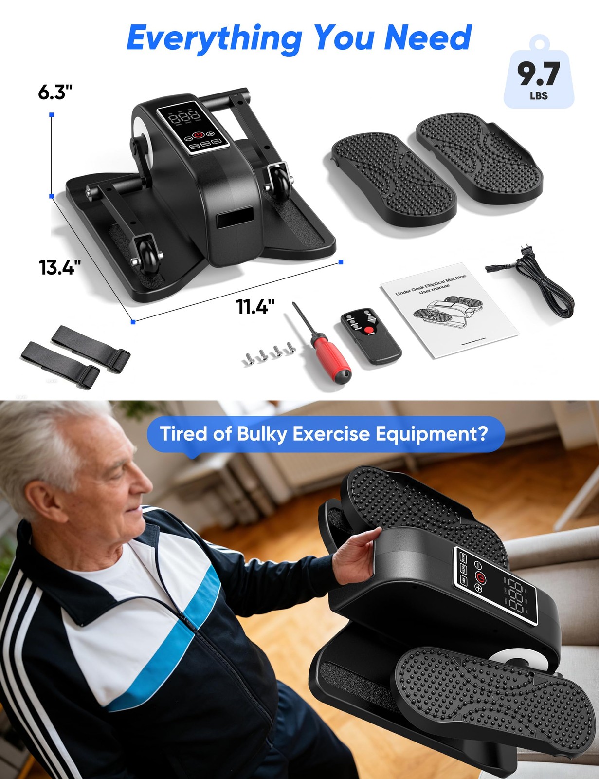 Under Desk Elliptical Machine for Senior, Quiet Motorized Leg Exerciser with