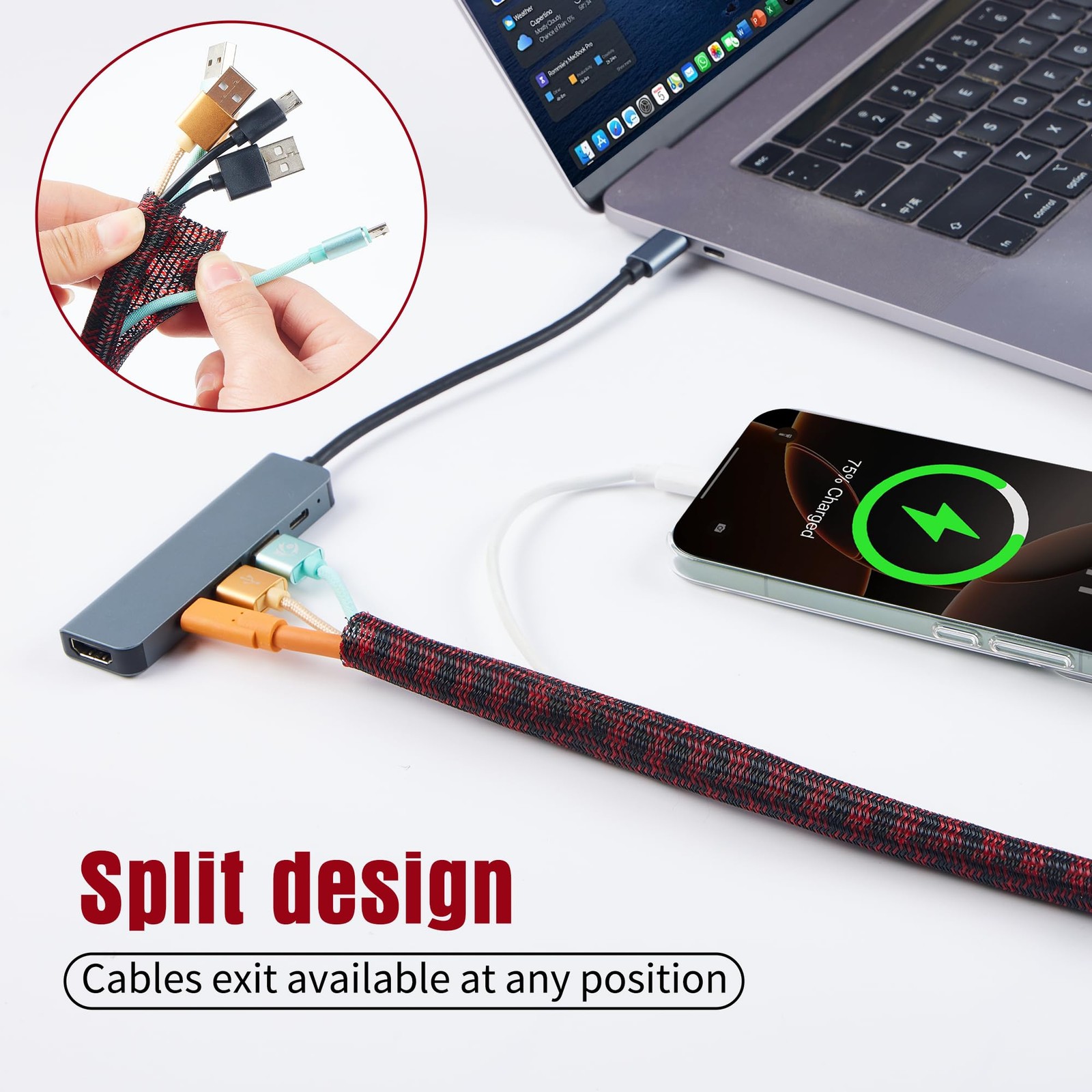 QCSIW Split Cable Sleeve, 1/2 Inch 10ft Black Red 1/2" 10ft, red