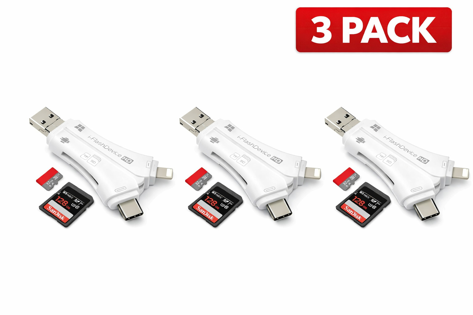 3 Pack 4in1 USB Card Reader iPhone iPad Android SD TF Adapter Lightning