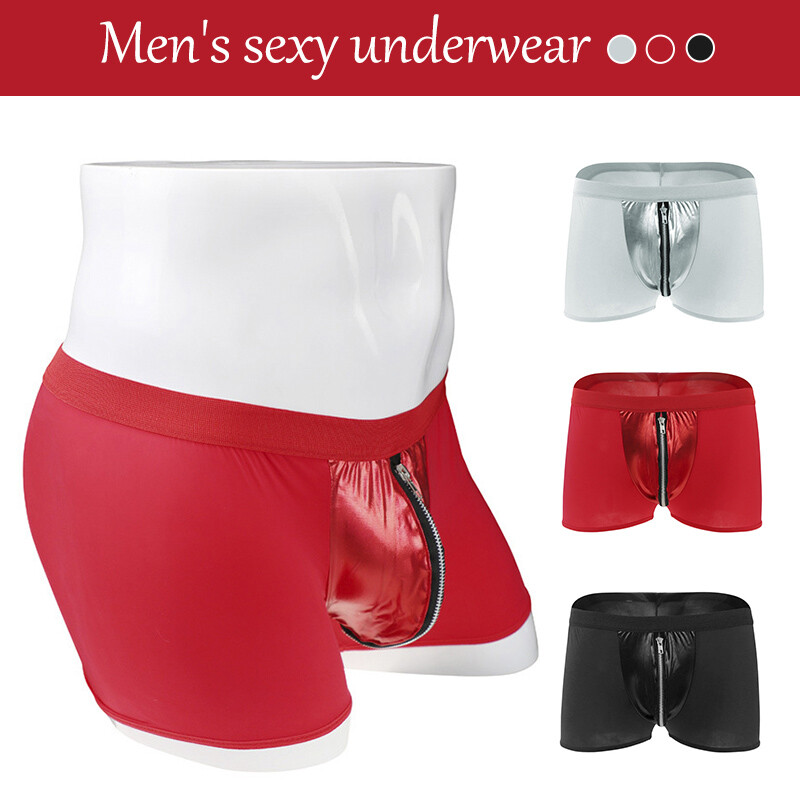 Men's Sexy Ice Silk Faux Leather Zipper Pouch Underwear Boxer Briefs Panties