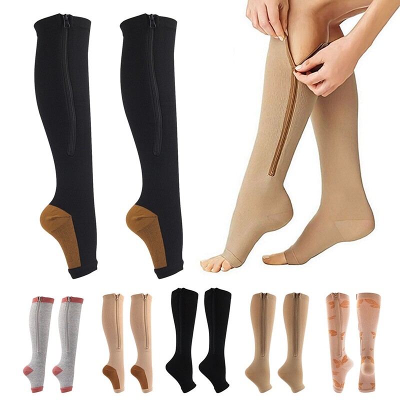 3 Pair Compression Socks Zippered Open Toe 30-40mmHg with Zipper Safe Protection
