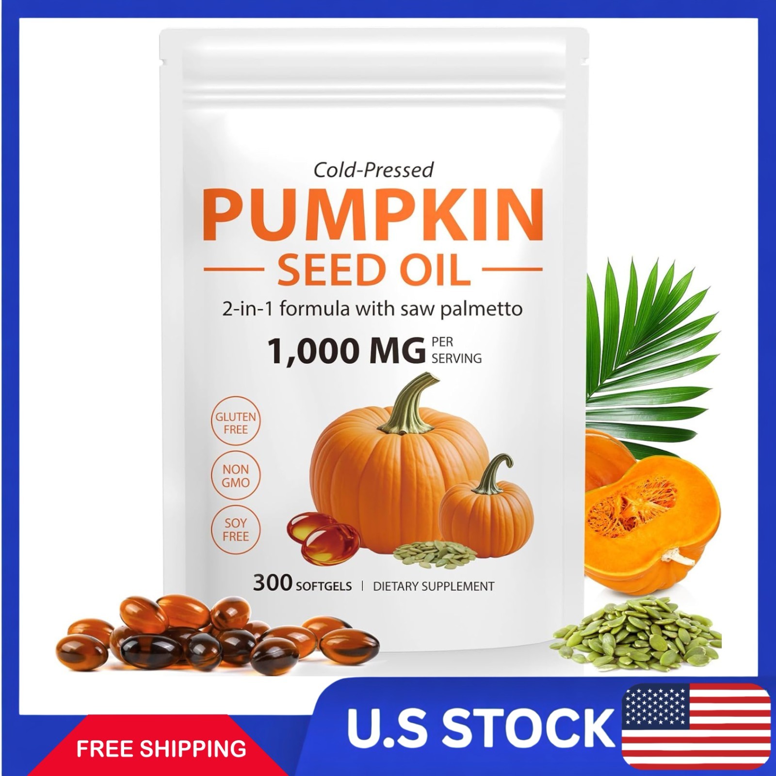 Saw Palmetto with Pumpkin Seed oil 3000mg 300 Capsule Prostate UTI Hair Loss
