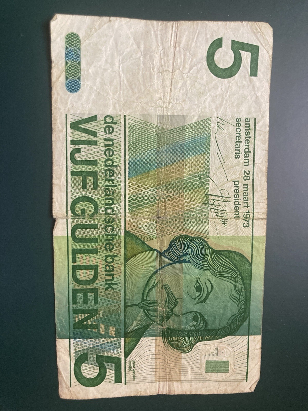 Netherlands 5 Gulden Banknote 1973 Circulated Serial Number 2395490058