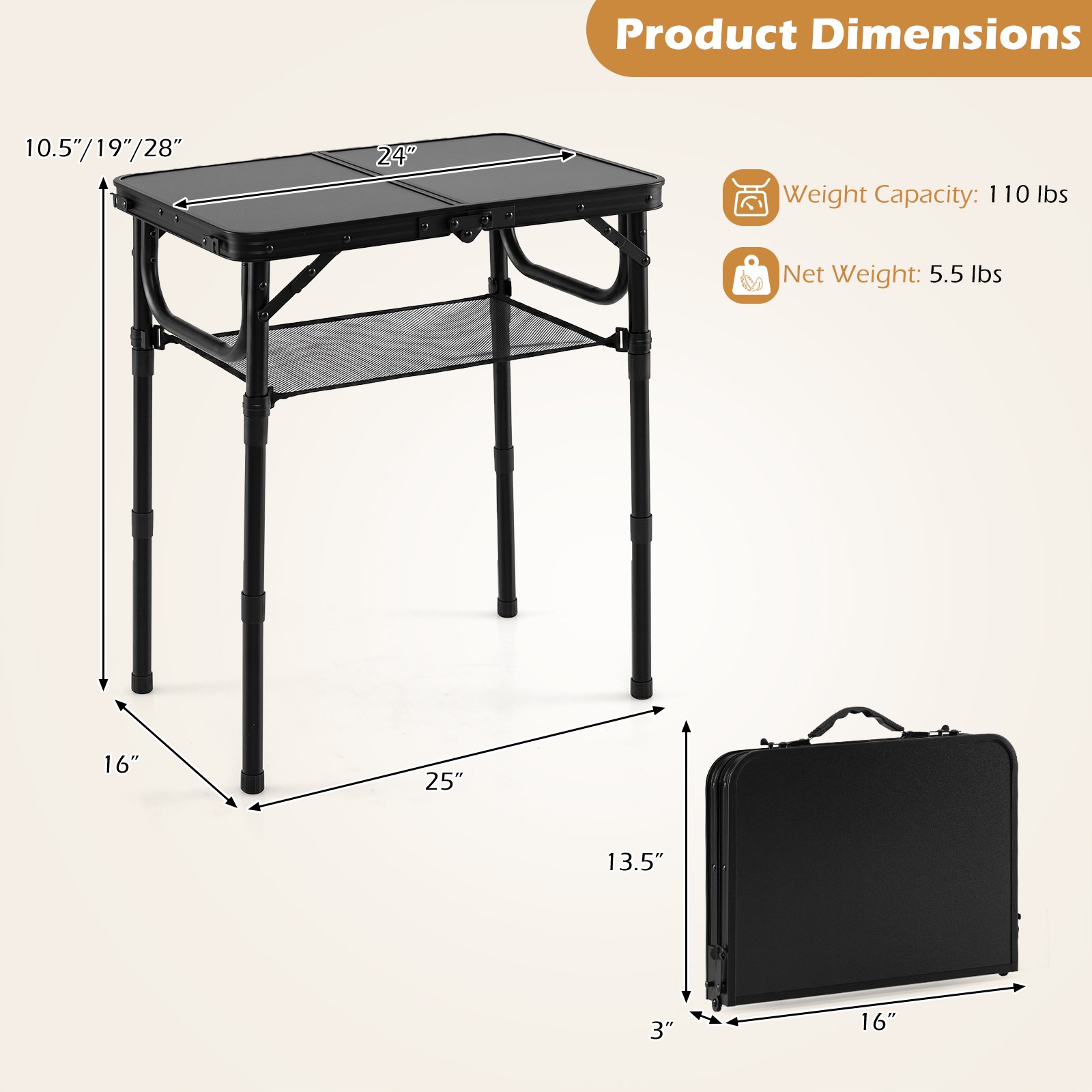 2 FT Small Folding Camping Table w/3 Adjustable Heights Storage Net Carry Handle