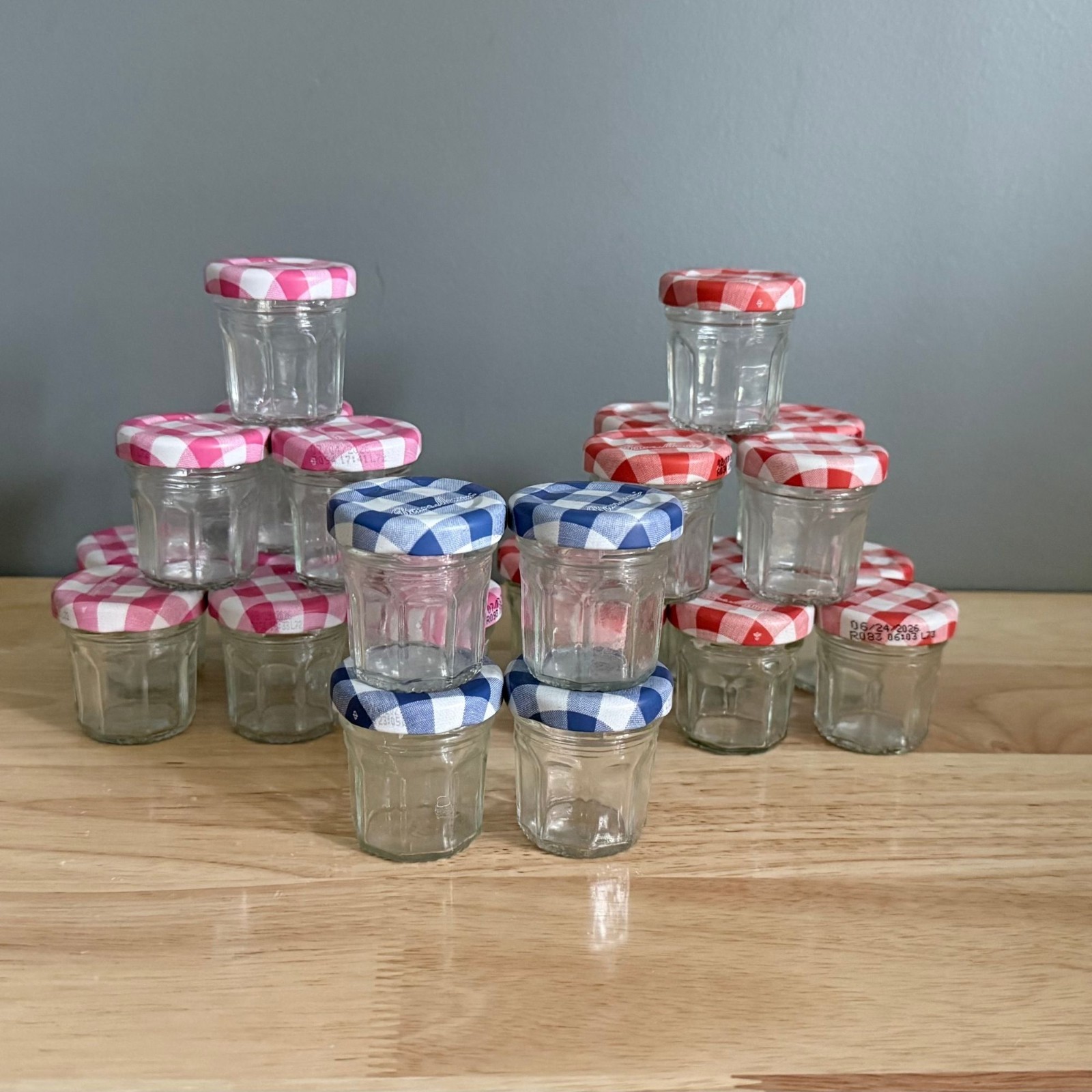 Lot of 25 Mini Bonne Maman Jars Empty in Red, Pink, Blue Lids
