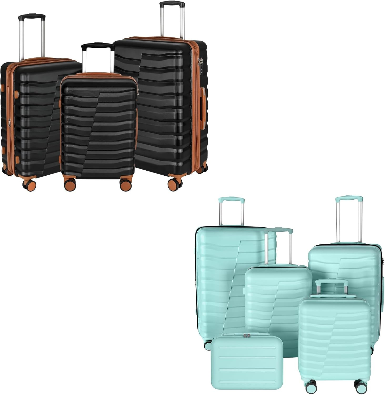 Stylish 3-Piece Black/Brown & 5-Piece Mint Green Hardshell Luggage Set