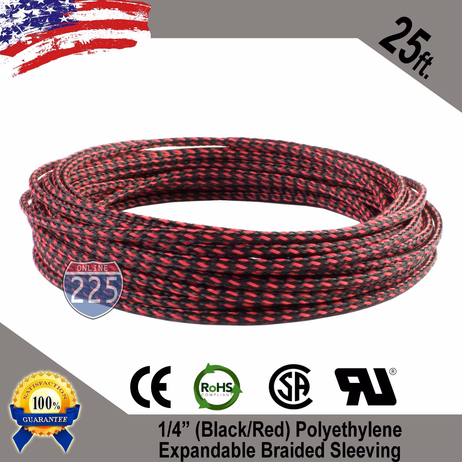 25 FT 1/4" Black Red Expandable Wire Sleeving Sheathing Braided Loom Tubing US