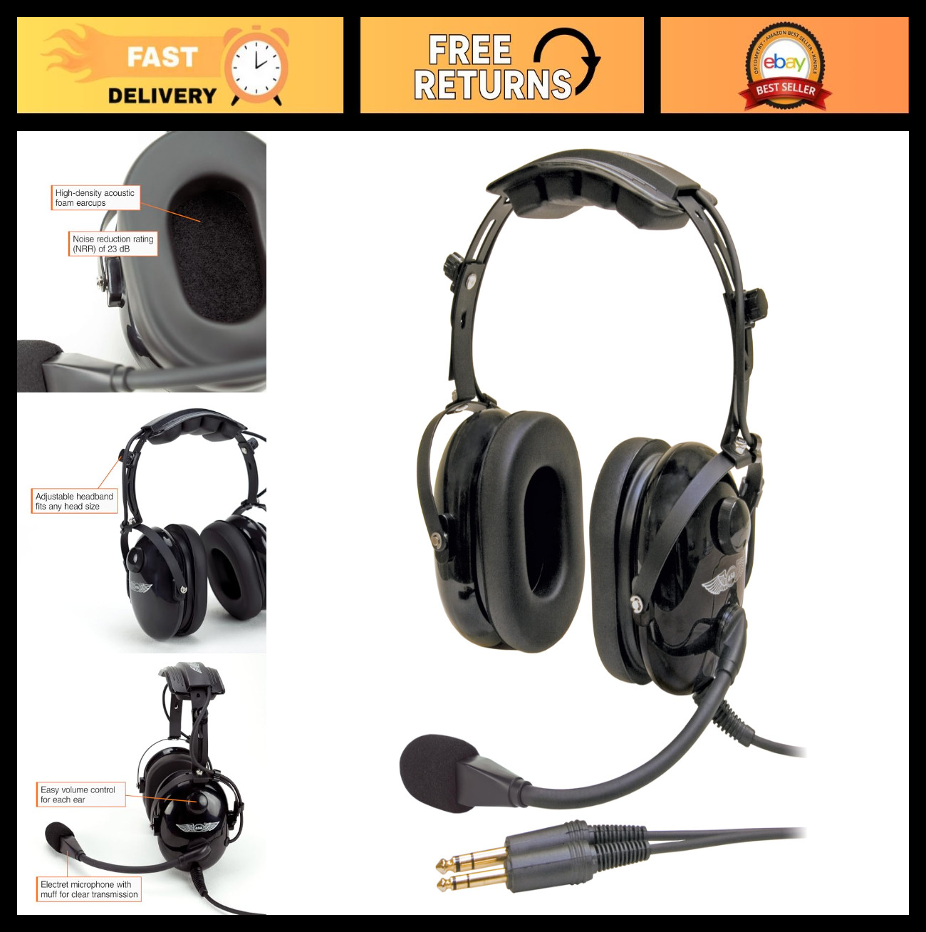 Durable Pilot Headset with 23 dB Noise Reduction, Noise-Canceling Mic, Stereo/Mo