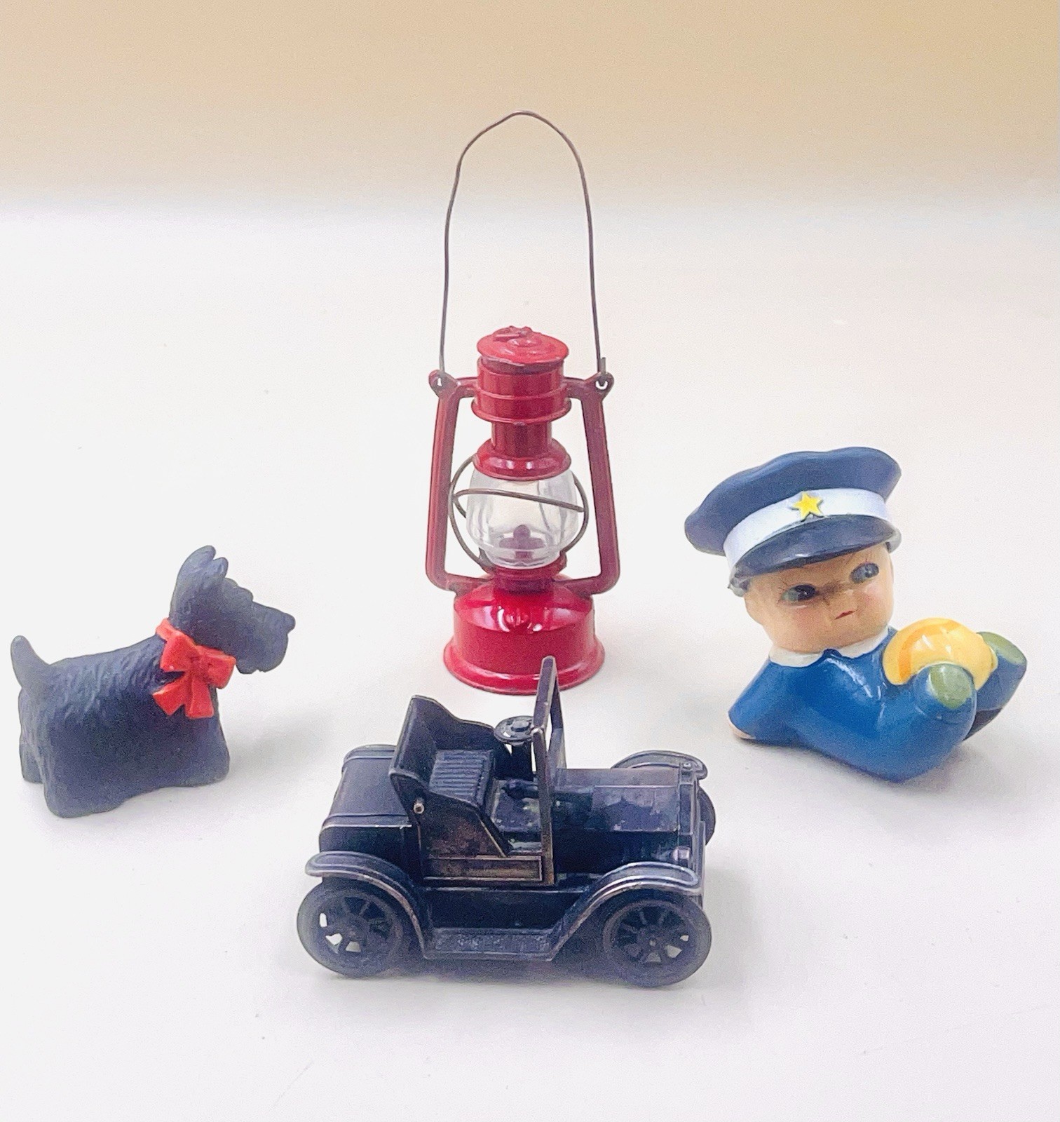 Vintage Lot 4 Mini Pencil Sharpeners 1917 Car-Scottish Terrier-Lantern-Baby Cop