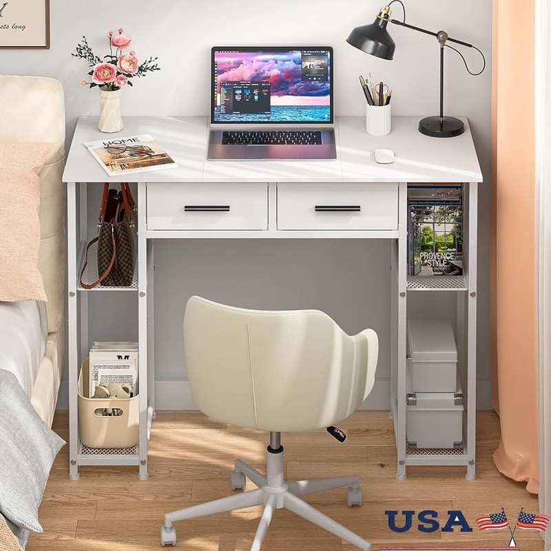 Modern Computer Desk W/ Storage Shelves Fabric Drawers Wood Metal Frame New