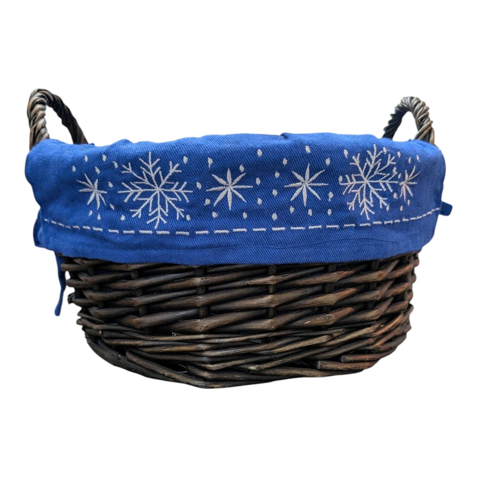 Round Brown basket with handles and Removable Blue Fabric Snowflakes Holiday