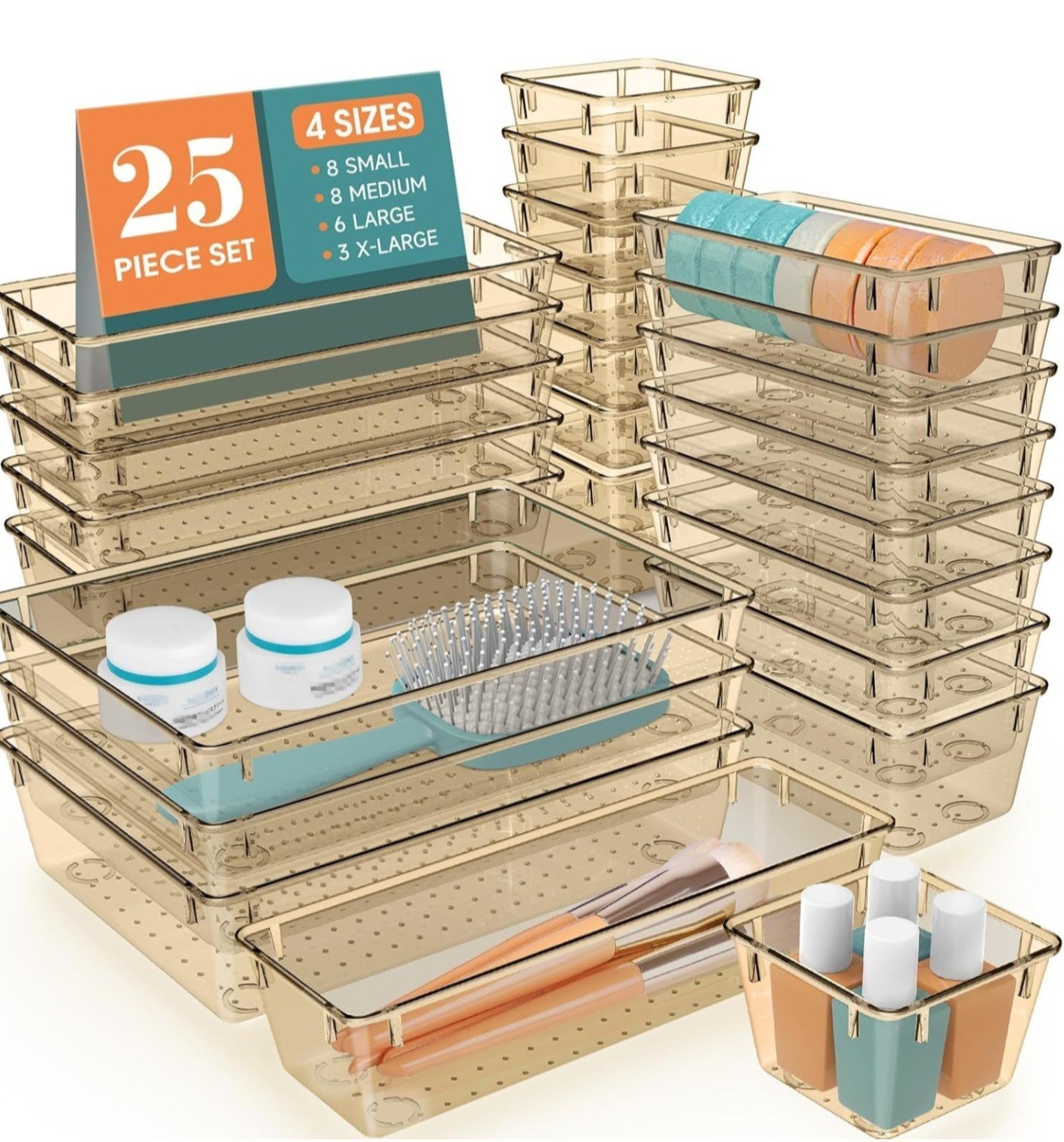 25 Piece Set Stackable Clear Plastic Desk Drawer Organizers Non-Slip Interior