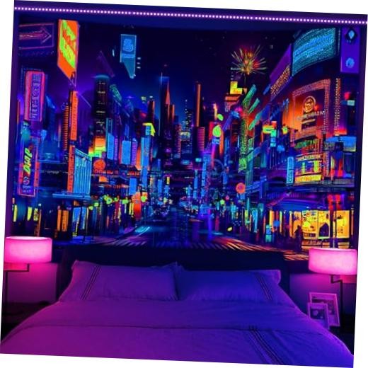 Blacklight Anime Tapestry, UV Reactive Punk Cityscape 60"L x 40"W Japanese