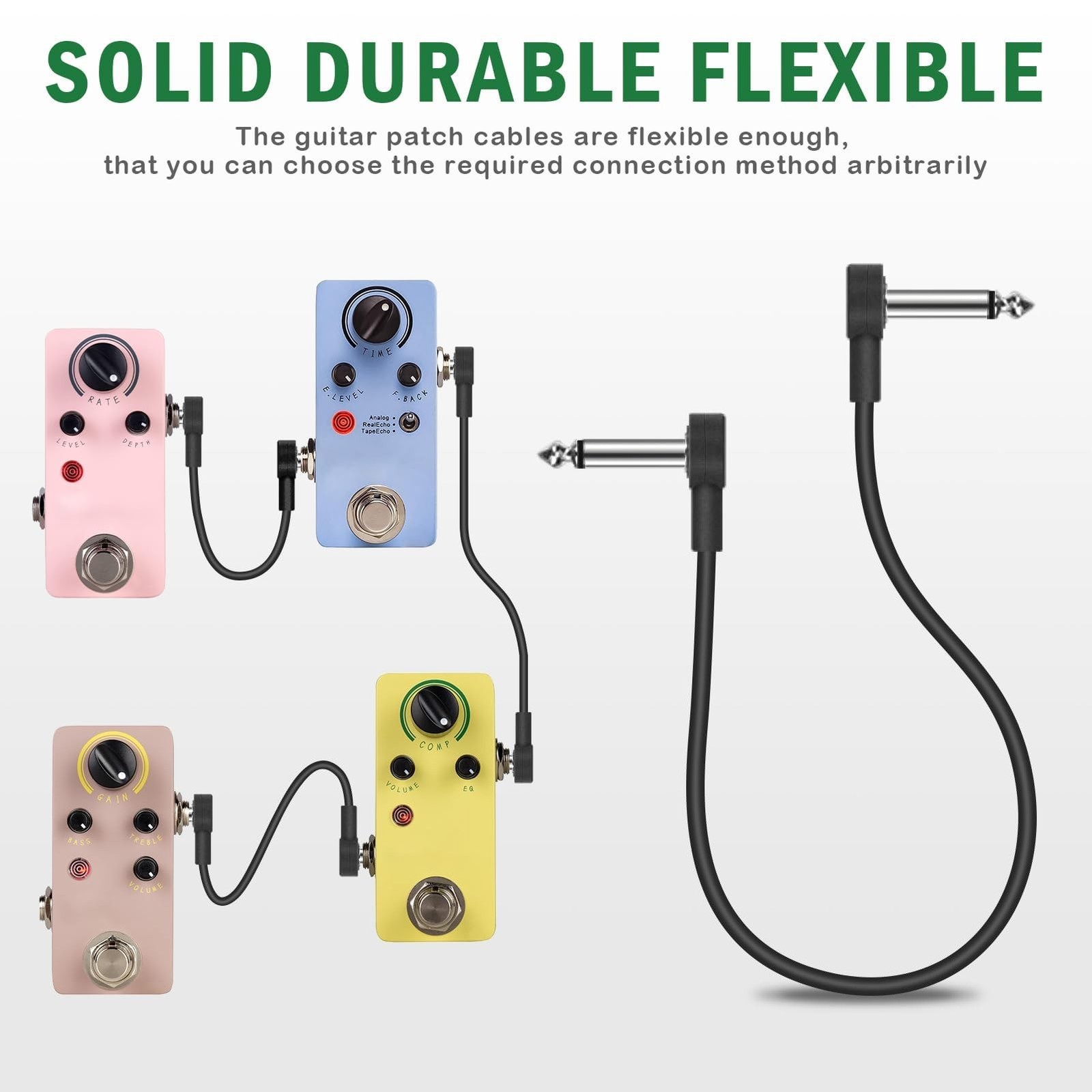 3FT Guitar Patch Cables, 1/4" TS Right Angle Effect Pedal Flat Cables 3 FT