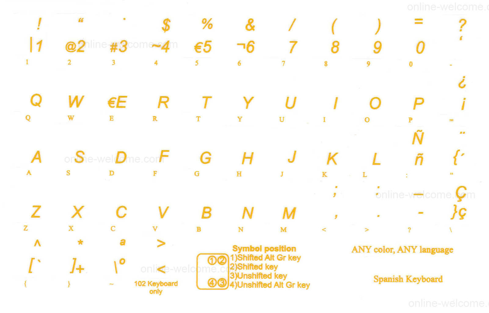 Spanish Transparent keyboard sticker  Yellow letters Online-Welcome