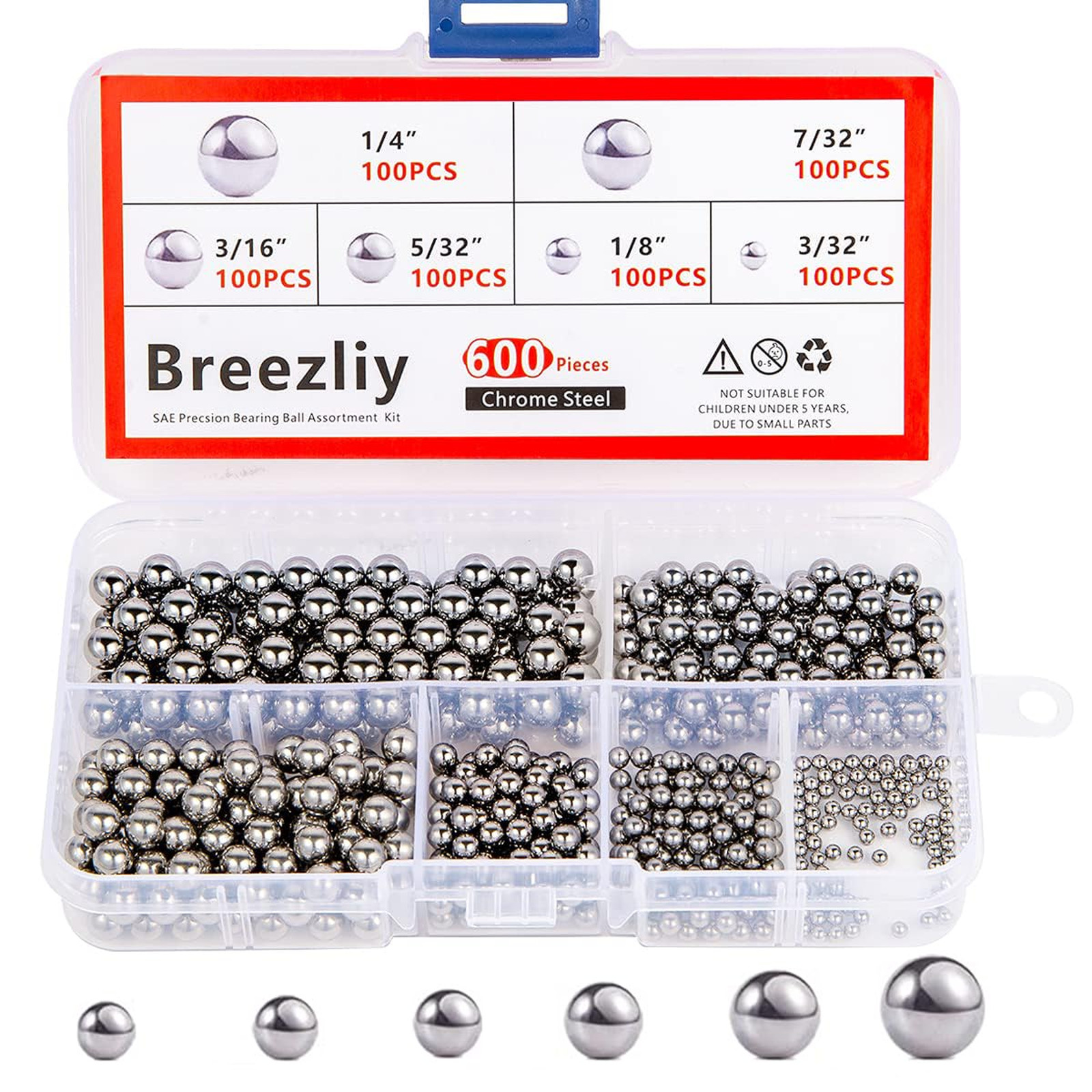 600 Piece Assorted Steel Ball Bearings Set 6 Sizes 1/4 7/32 3/16 5/32 1/8 3/32
