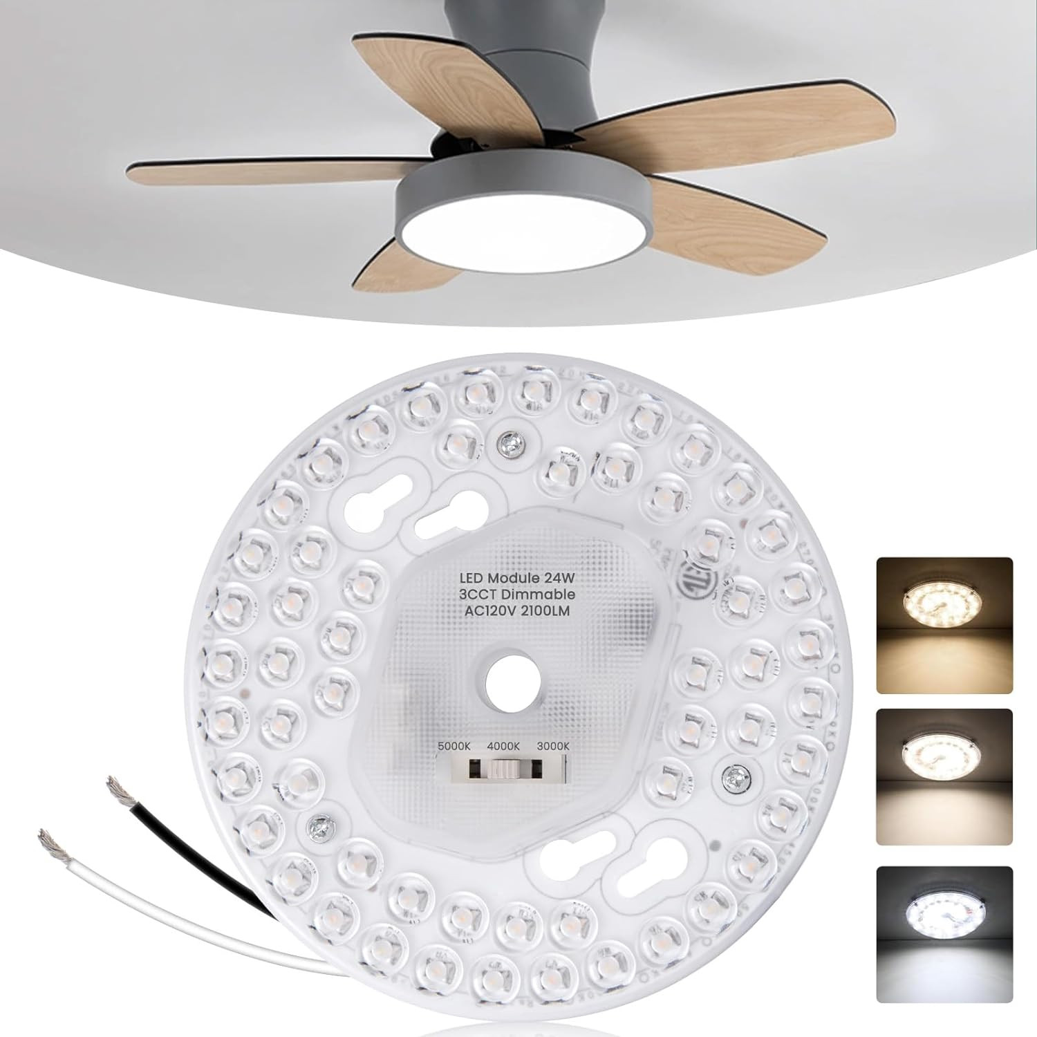 5.1Inch Ceiling Fan LED Light Replacement, 24W 2100Lm Ceiling Fan Light Kit,3Cct
