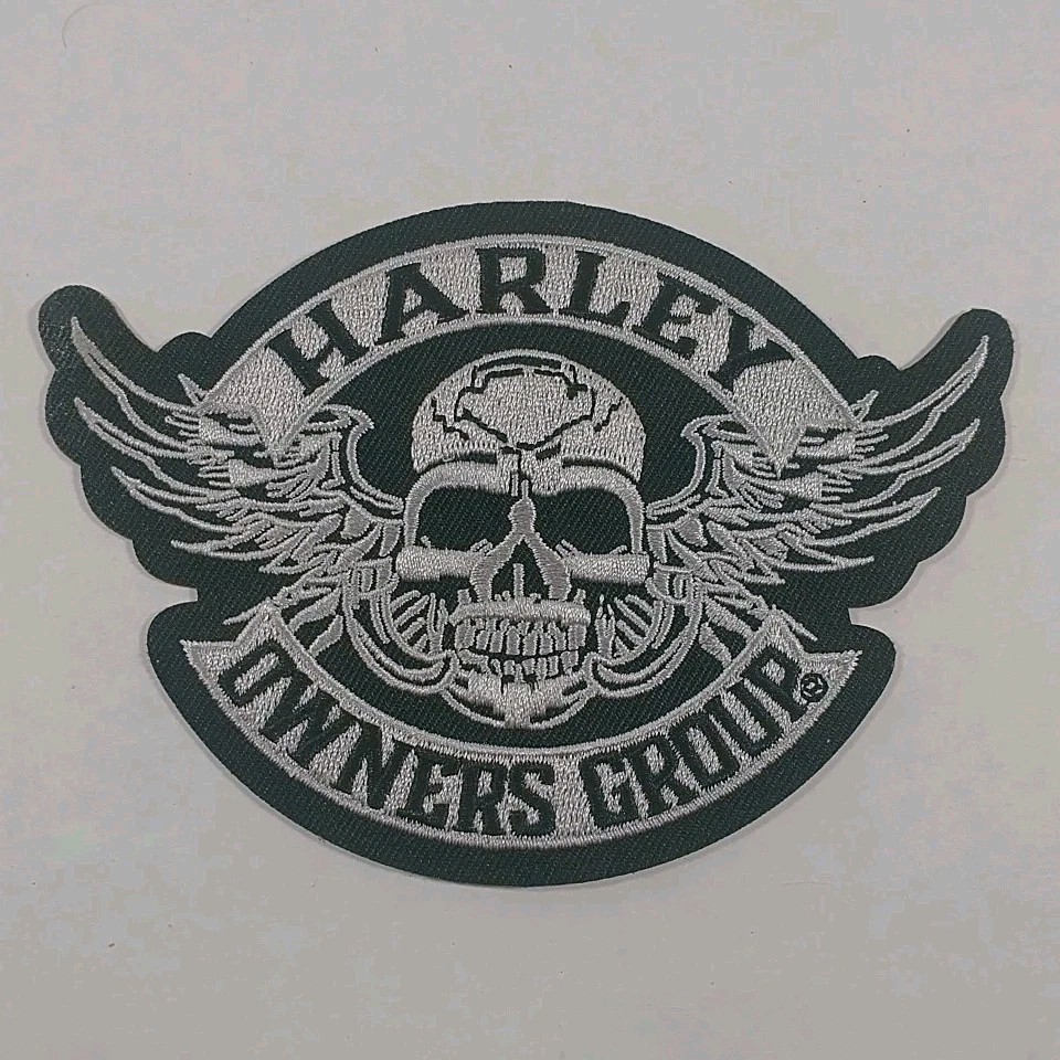 Winged Silver Skull Iron On Patch Harley Owners Group Motorcycles 5 in X 3.5 in