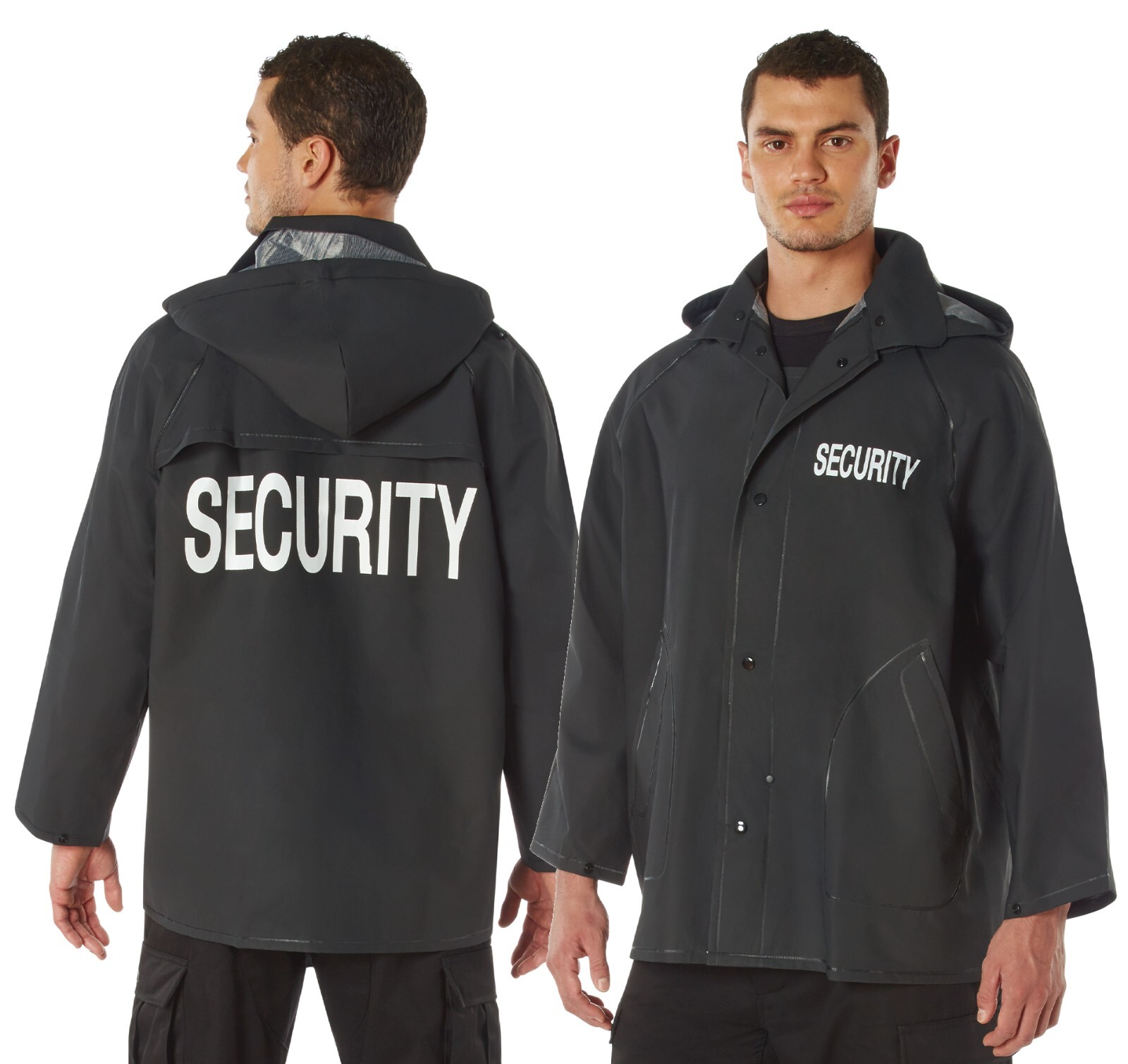 Mens Black SECURITY Rain Jacket - Rothco PVC Bouncer Staff Uniform Coat