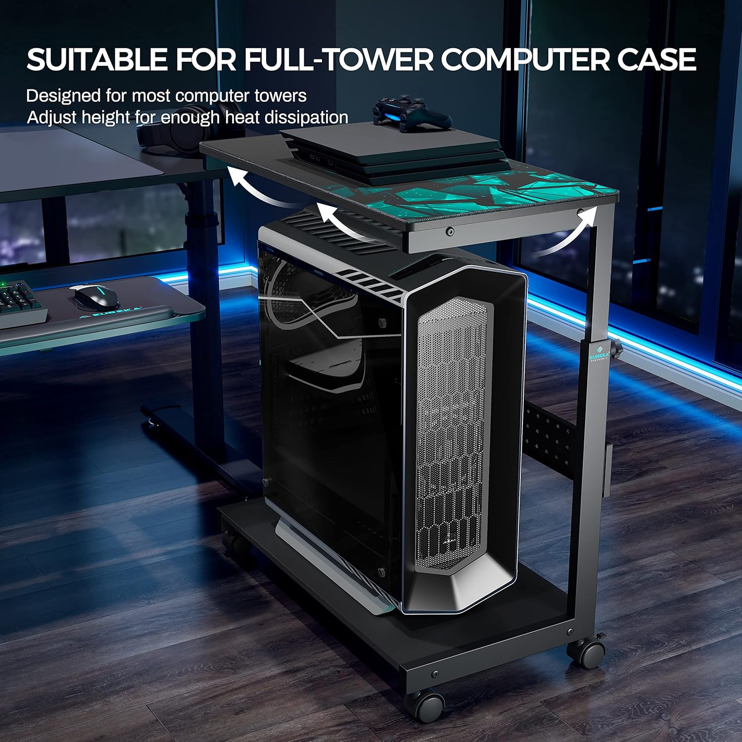 PC Stand Computer Cart, Height Adjustable Tower Stand 2-Tier Suit for ATX Case P