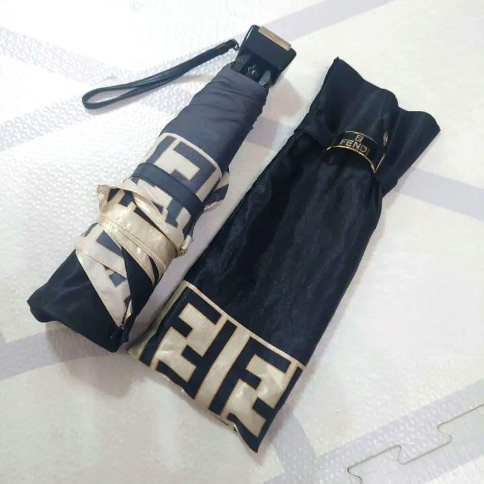 FENDI Zucca Umbrella 3Section Folding Rain Umbrella Black Gold Authentic