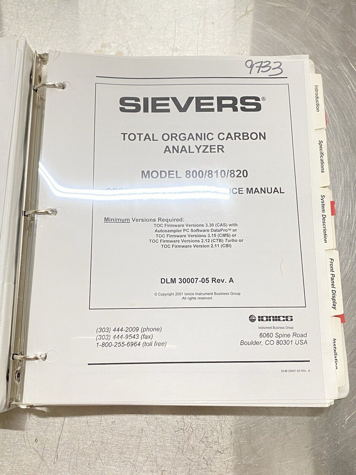 Sievers Model 800 Total organic Carbon Analyzer - Users Guide / Manual