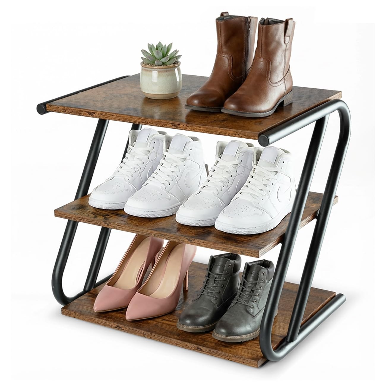 3-Tier Shoe Rack, Rustic Wood Look Shoe Organizer with Metal Frame, Space-Sav...