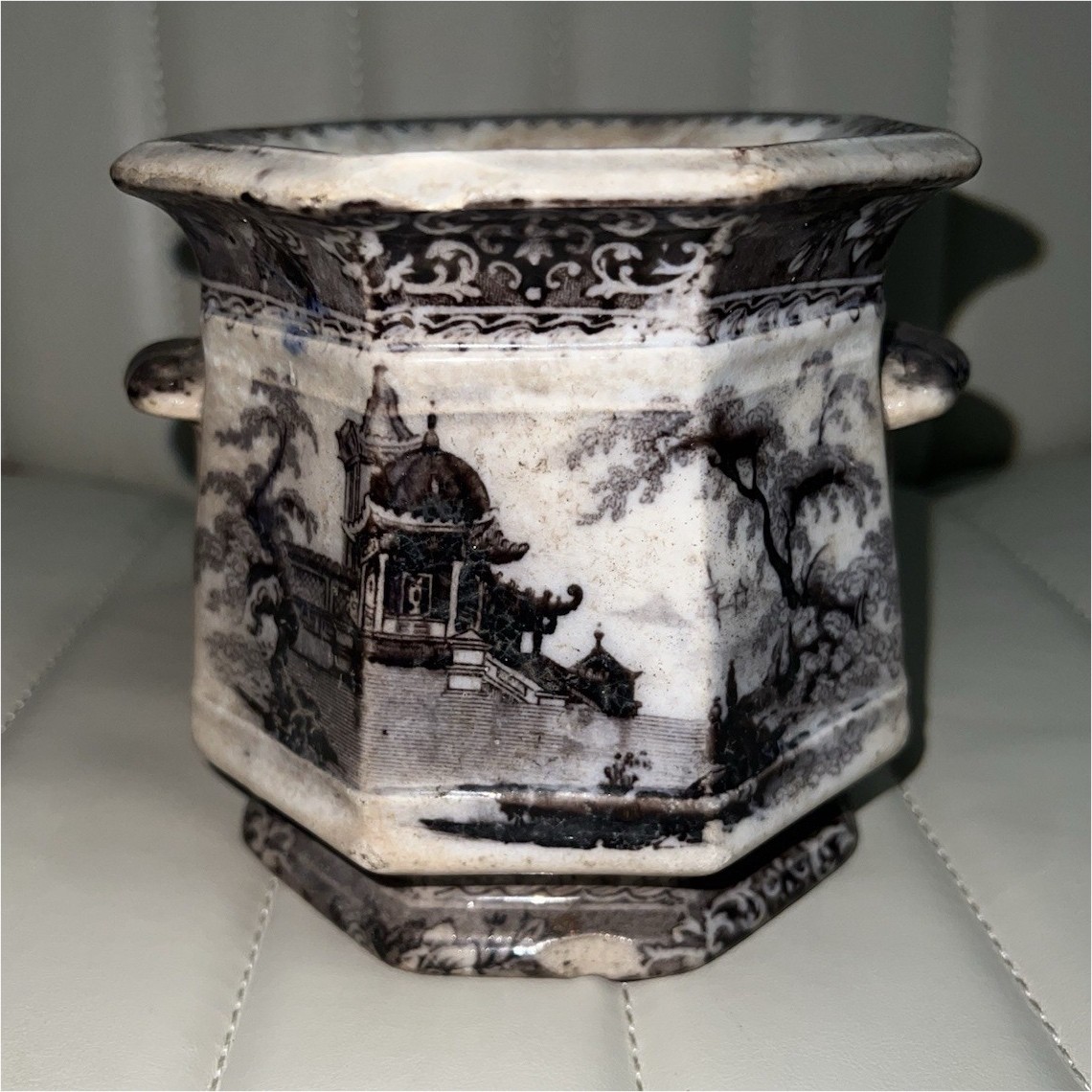 RARE Ironstone Antique Ceramic Hexagonal Planter Black & White Architectural