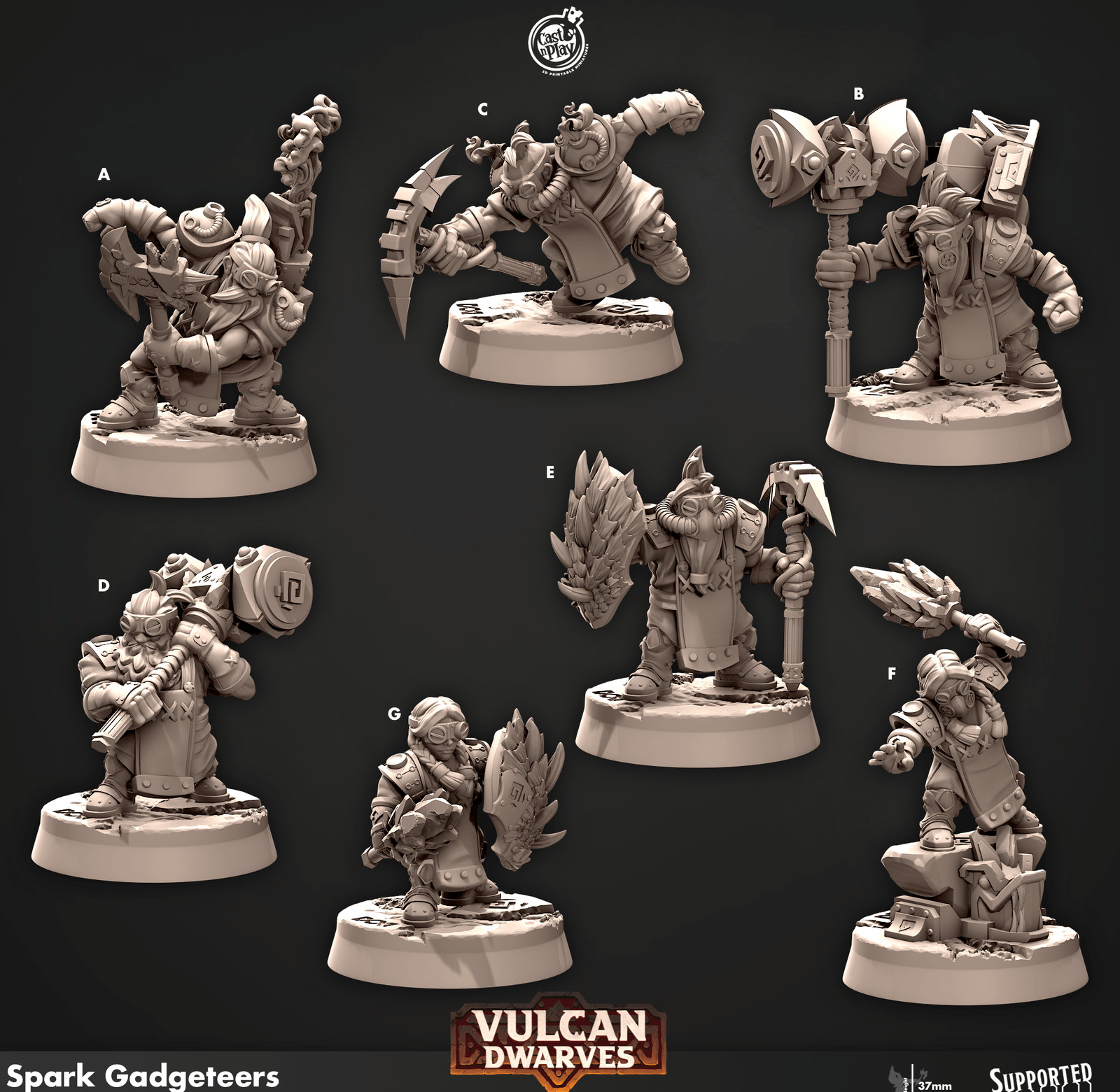 3D Printed Cast n Play 678 Spark Gadgeteers Vulcan Dwarves Set 28mm 32mm D&D