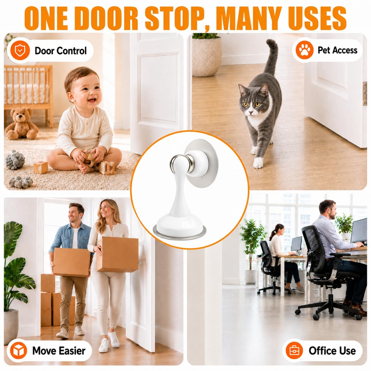 4 Pack White Magnetic Door Stops No Drilling with Adhesive