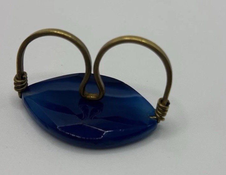 Blue Banded Faceted Agate Double Ring In Brass Wire Wrap slightly adjustable 7
