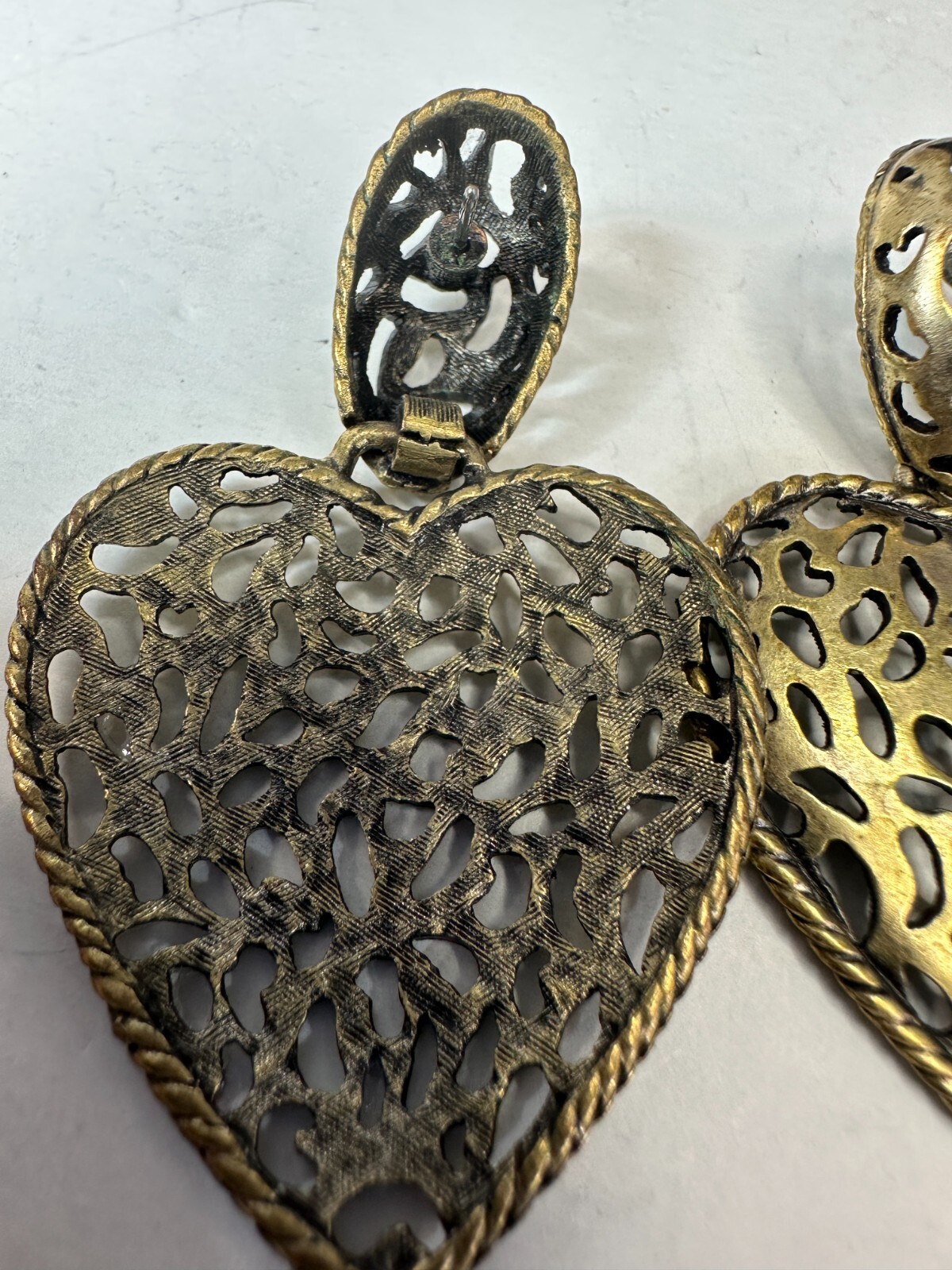 Vintage Earrings Pierced Heart Dangle Openwork Large Statement Metal