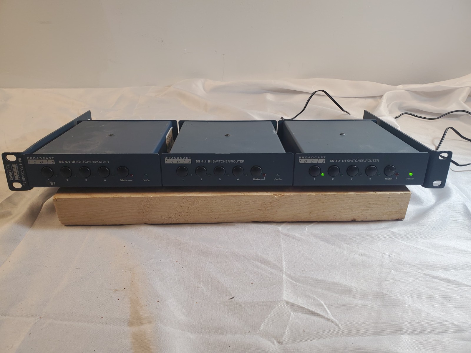 3x Broadcast Tools SS4.1 III Balanced Audio Automation Switcher  in Ra-1 Rack