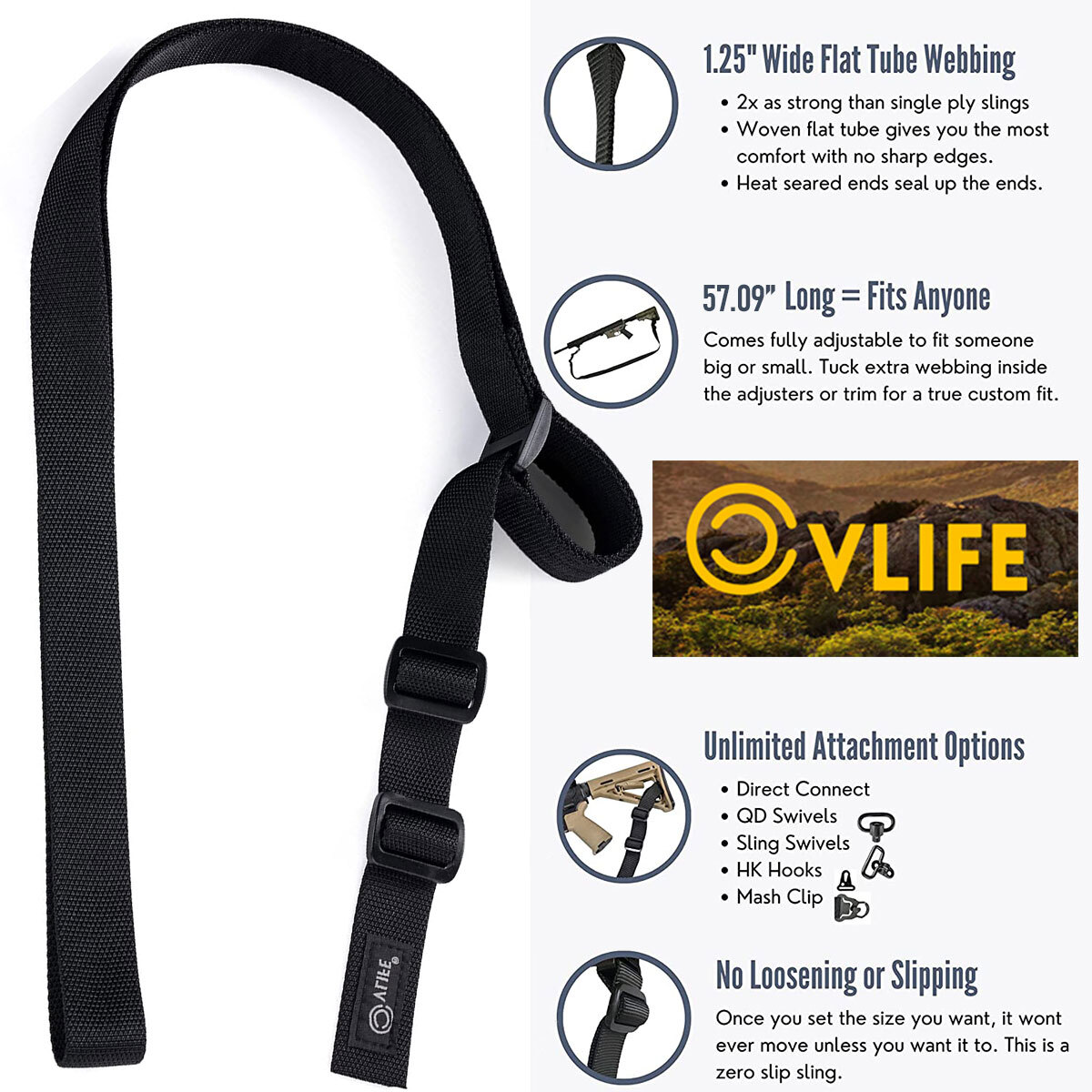 1.25"Tactical 2-Point Rifle Sling Fast-Loop Adjustable Gun Strap Airsoft Hunting
