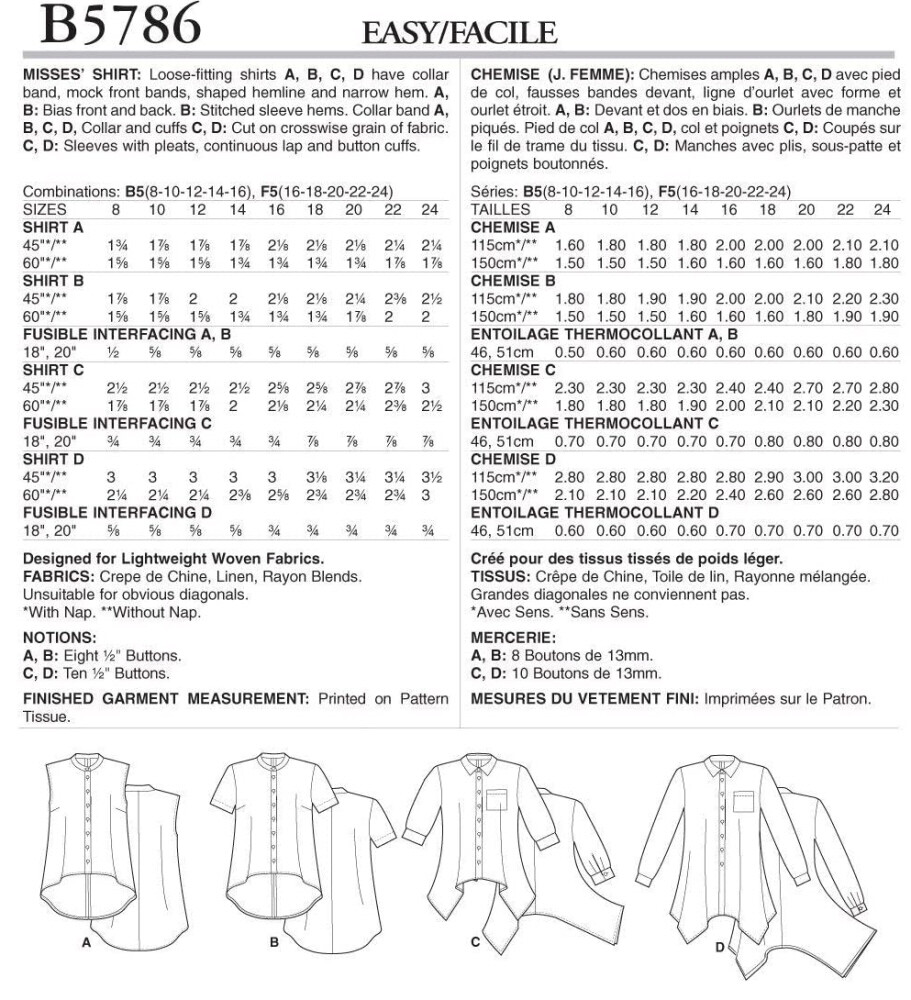 SEWING PATTERN Womens Clothes - Button Down Shirt Top Blouse Plus Size Easy 5786