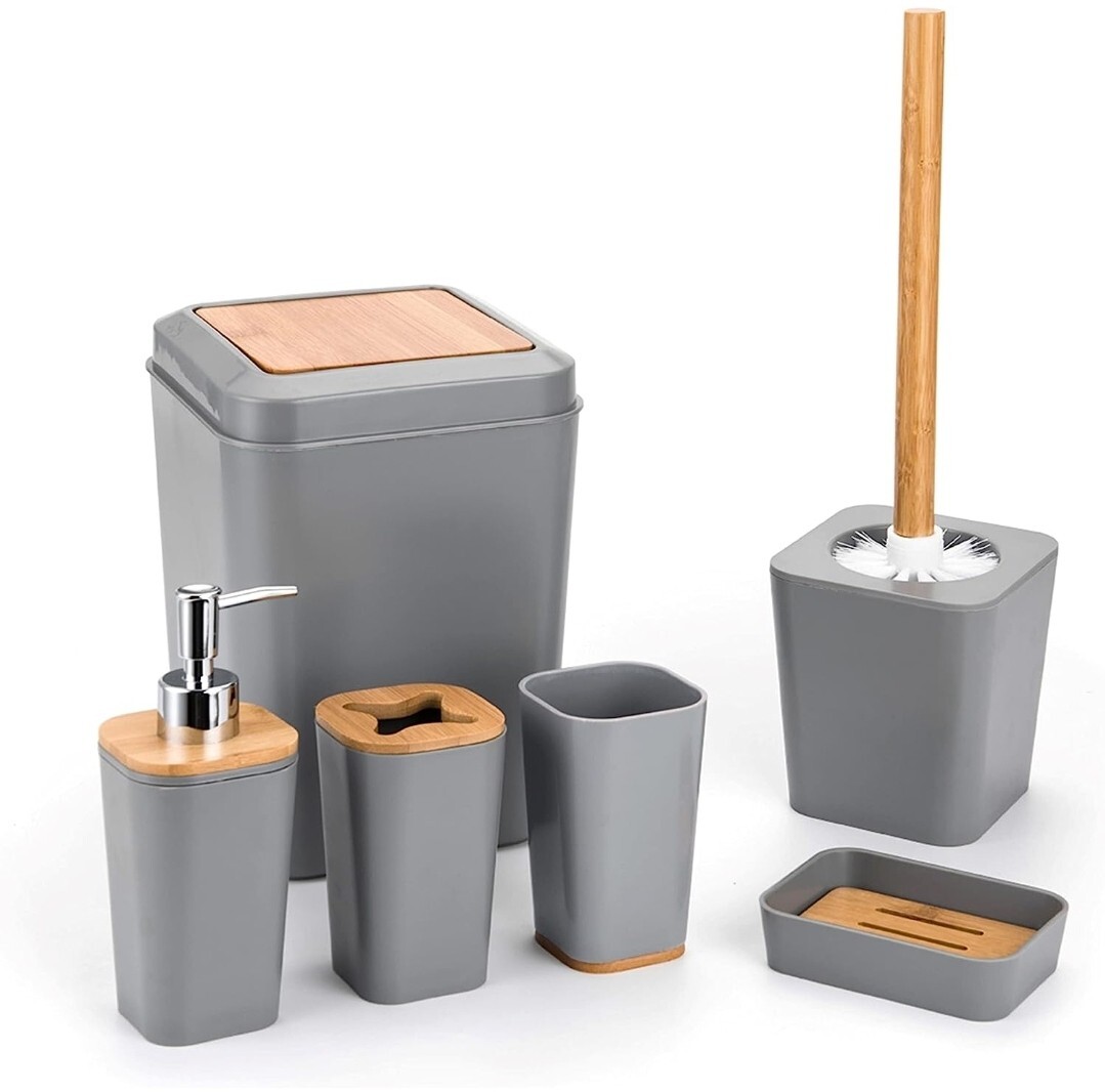 KRALIX Black Bathroom Accessories Set 6 Piece Bamboo & Gray Plastic Set NEW