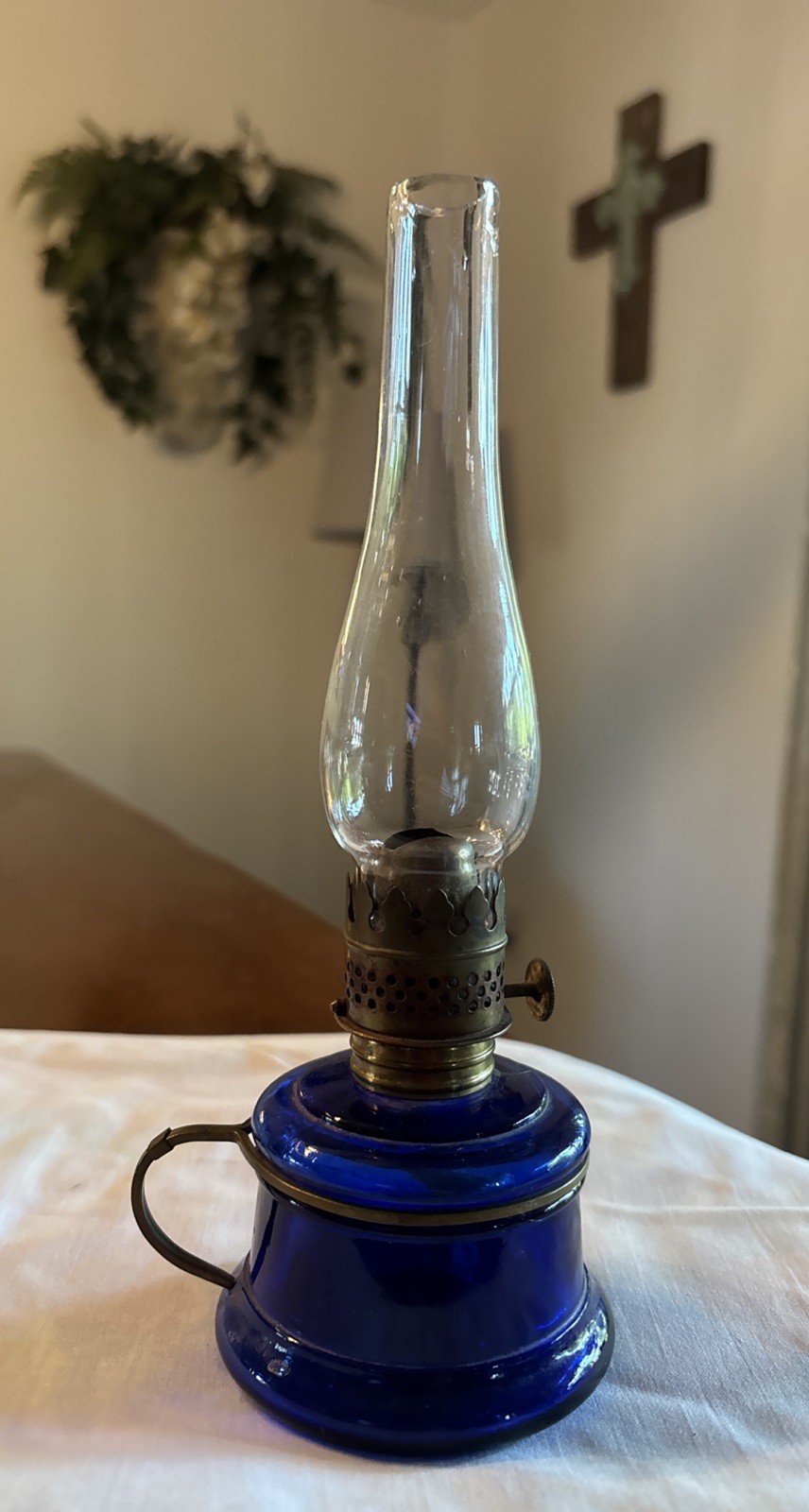 😍 Antique ~  Cobalt Blue Miniature Finger Kerosene Oil Lamp with brass handle