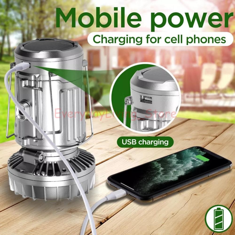 Solar Portable LED Camping Lantern with Fan USB Rechargeable Flashlight Lamp US