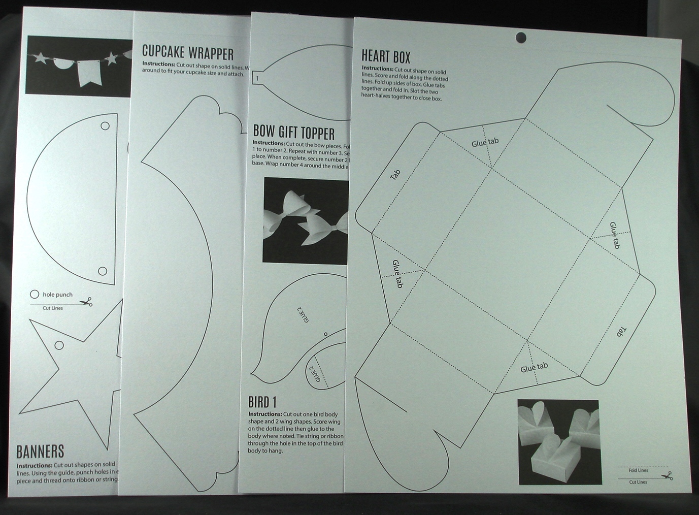 Paper Craft Templates, Set of 4: Favor Box, Bow, Birds, Cupcake Wrapper, Banner