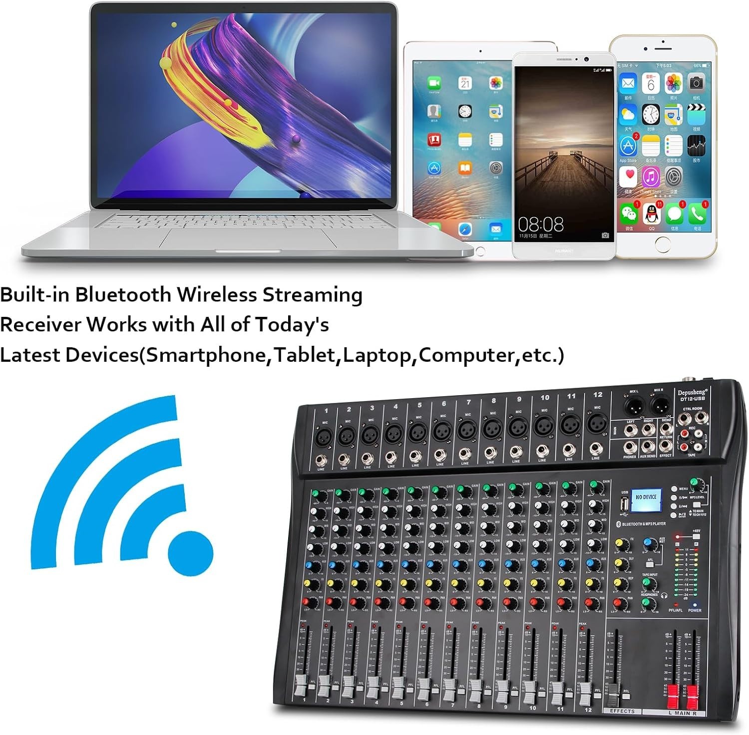 DT12 12-Channel DJ Audio Mixer with USB, Bluetooth, XLR & RCA Input