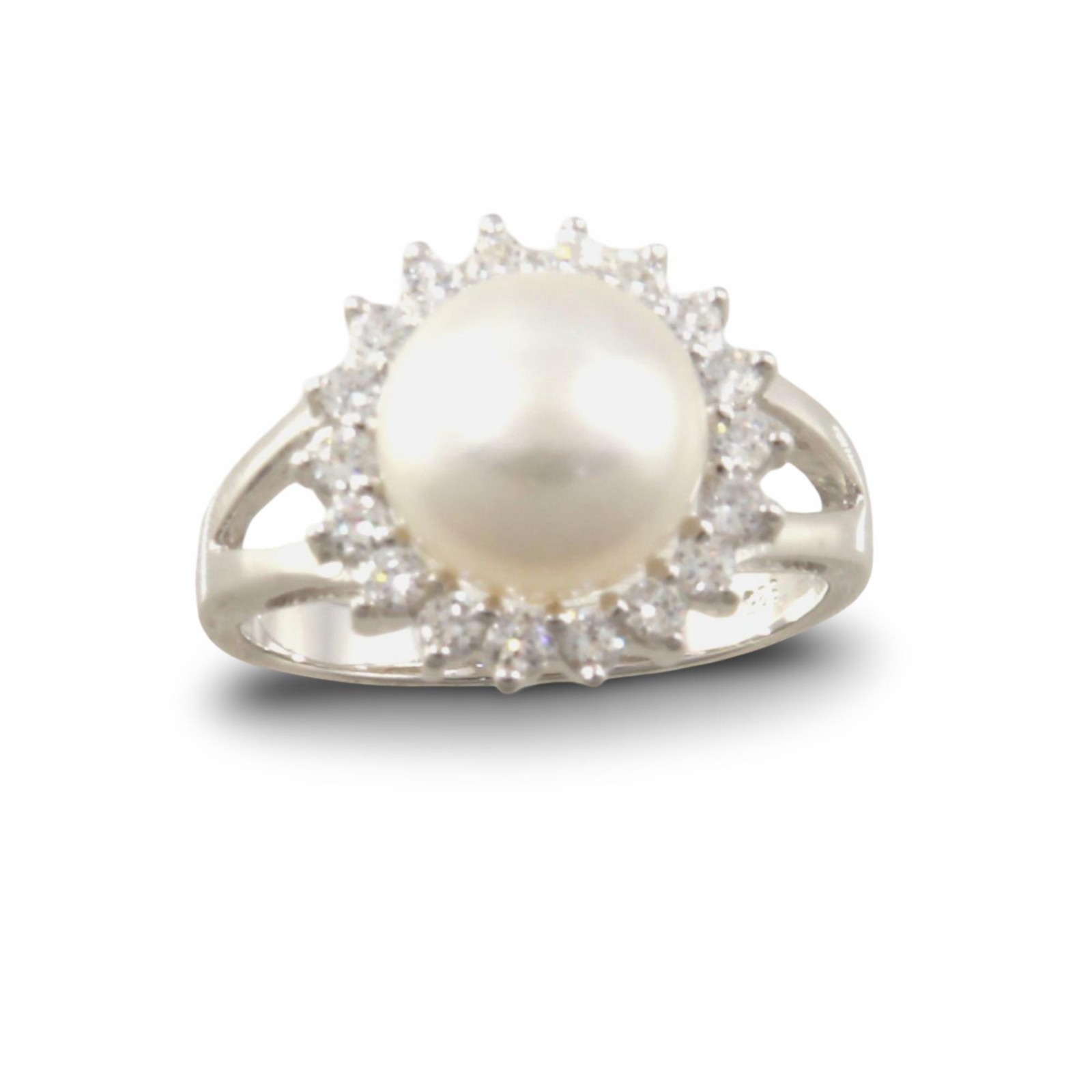 Solid Sterling Silver .925 Cultured Pearl & Cubic Zirconia Cluster Ring