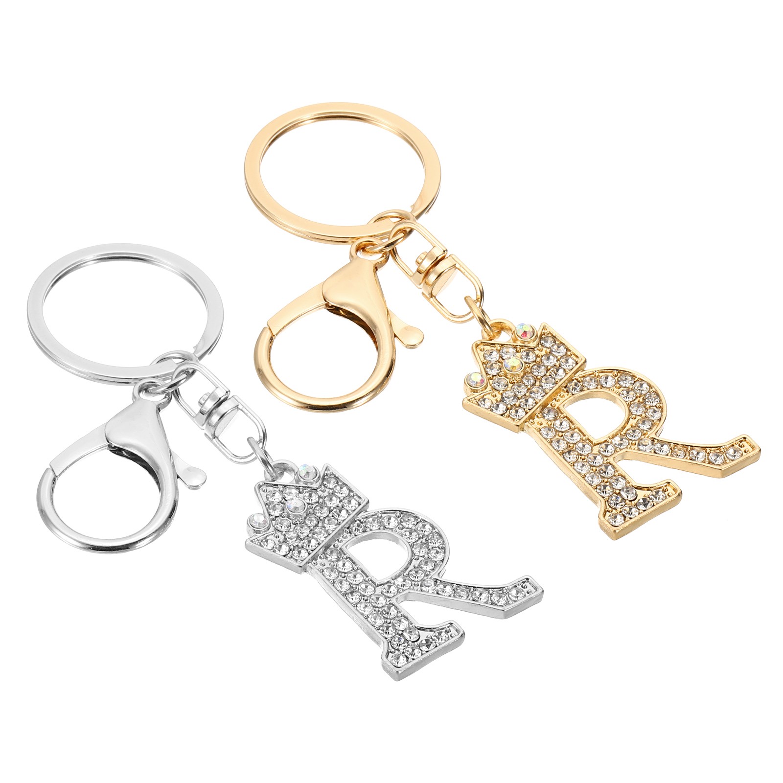 Initial Letter Keychain, 2 Pcs Letter R Crown Design Charm, Gold/Silver