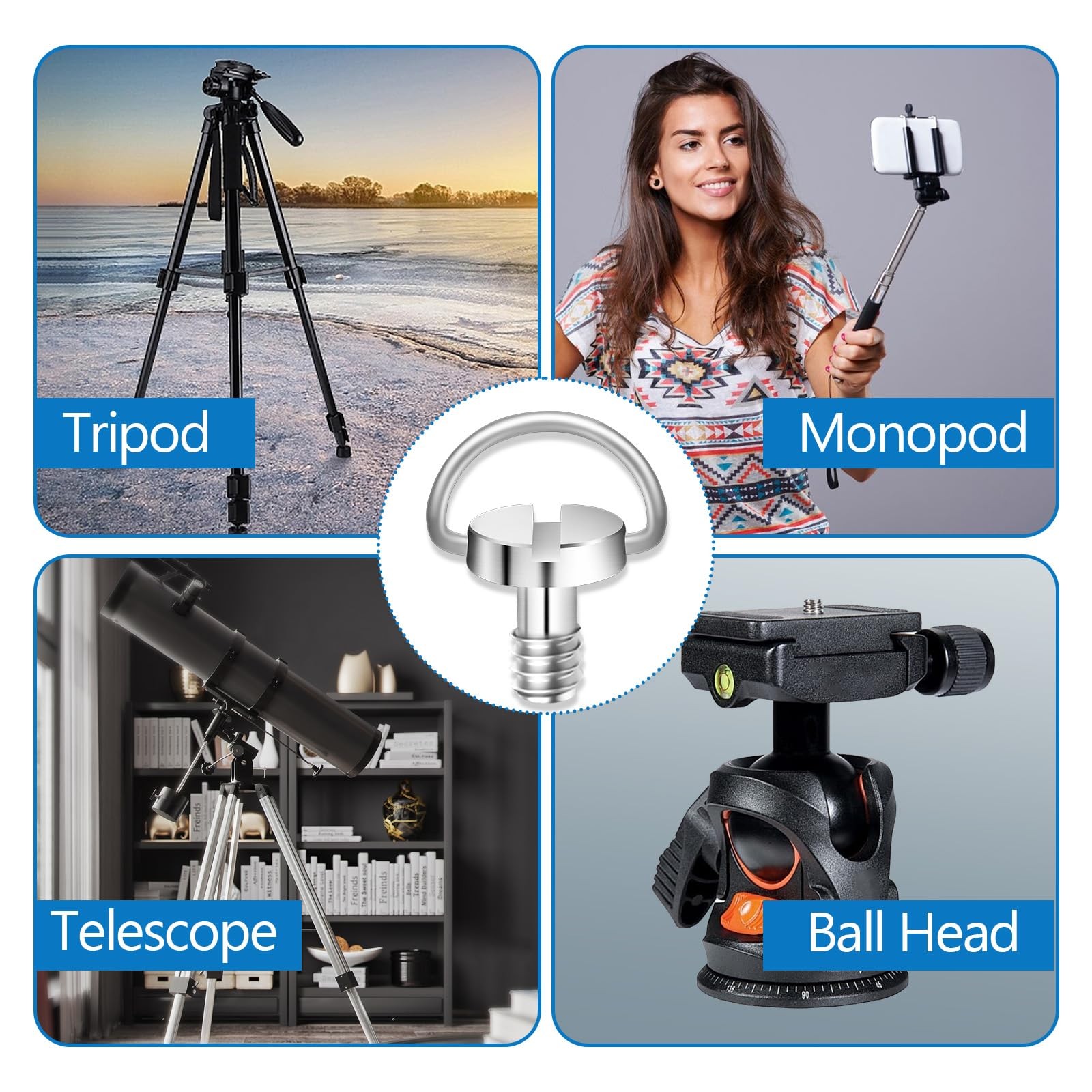 cobee 5 Pcs 1/4" Camera Tripod Screw, Stainless Steel Thread D-Ring Camera Sc...