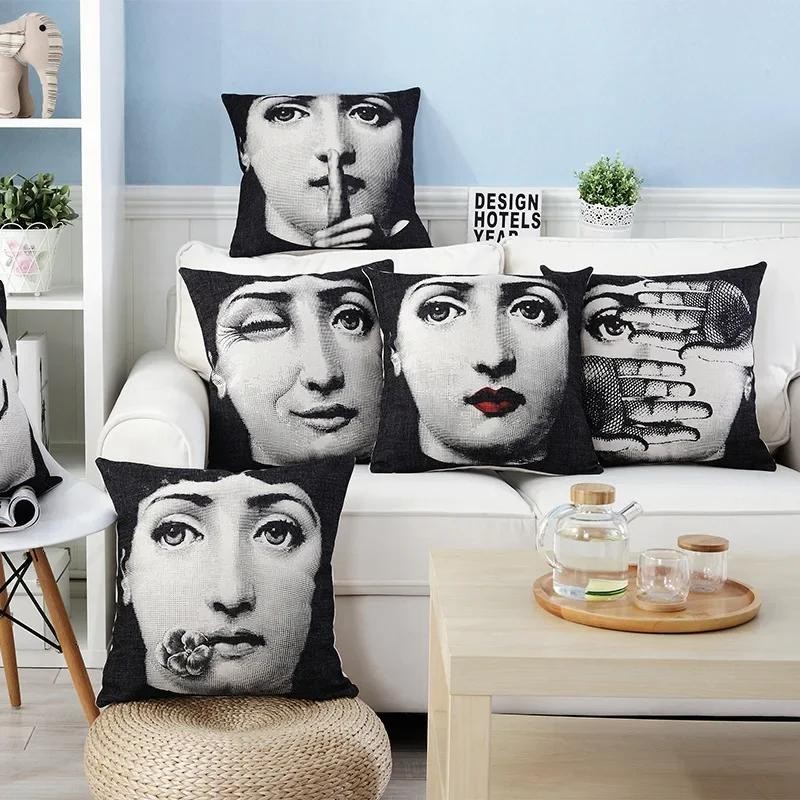 NEW Black White Personality Girl Pillowcases for Home Sofa Fornasetti Faces