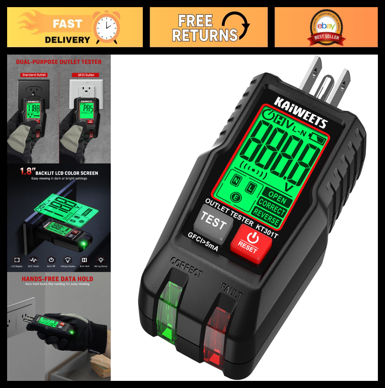GFCI Outlet Tester with LCD Display, 3-Prong Receptacle Voltage Checker, Auto Ho