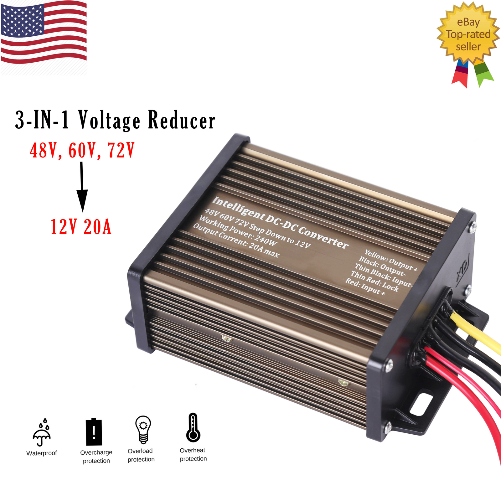 Pro Chaser DC-DC 48V 60V 72V Converter Regulator Step-Down to 12V 240W 20A