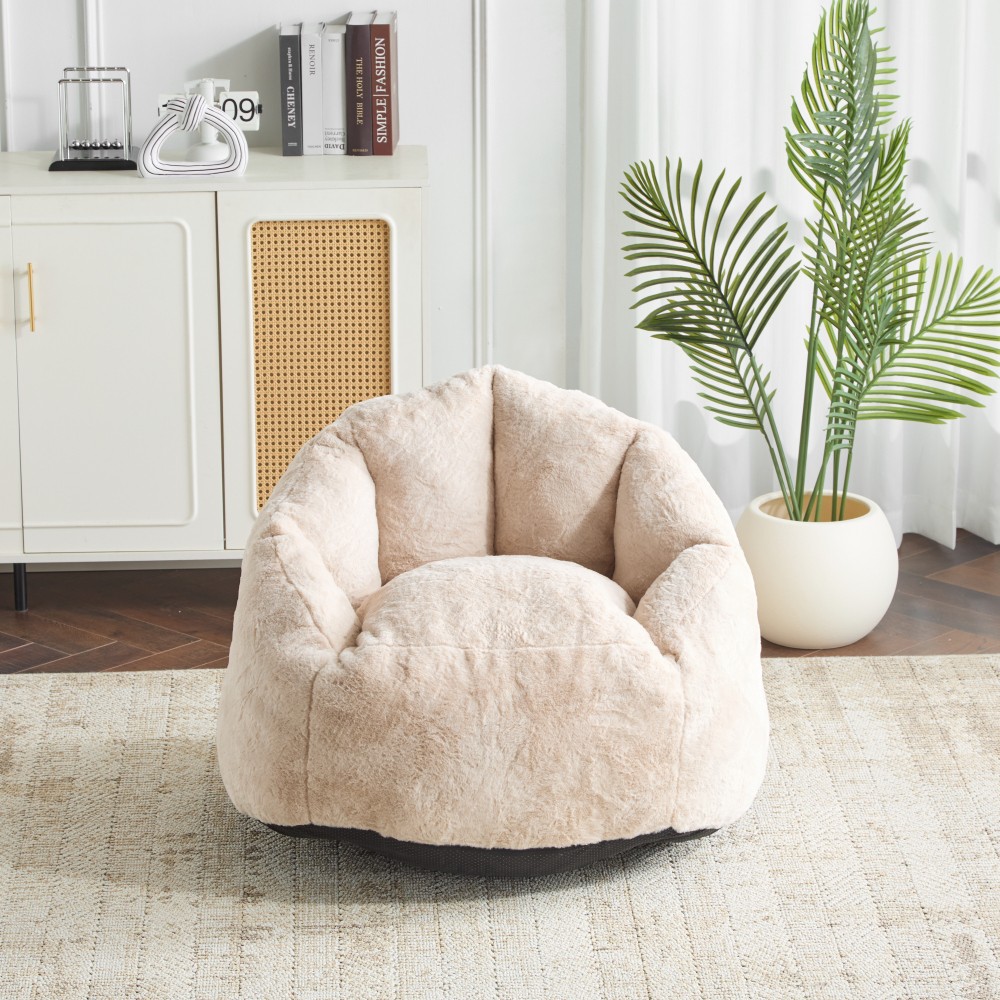 Beige Faux-Fur Bean Bag Chair, Indoor Cozy Armchair-Style, Shredded Foam Filler