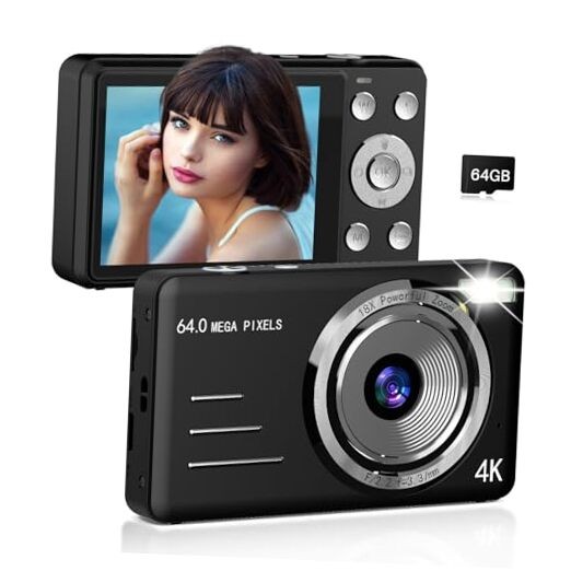 Digital Camera, FHD 4K 64MP Point and Shoot Kids Black-Enhanced version