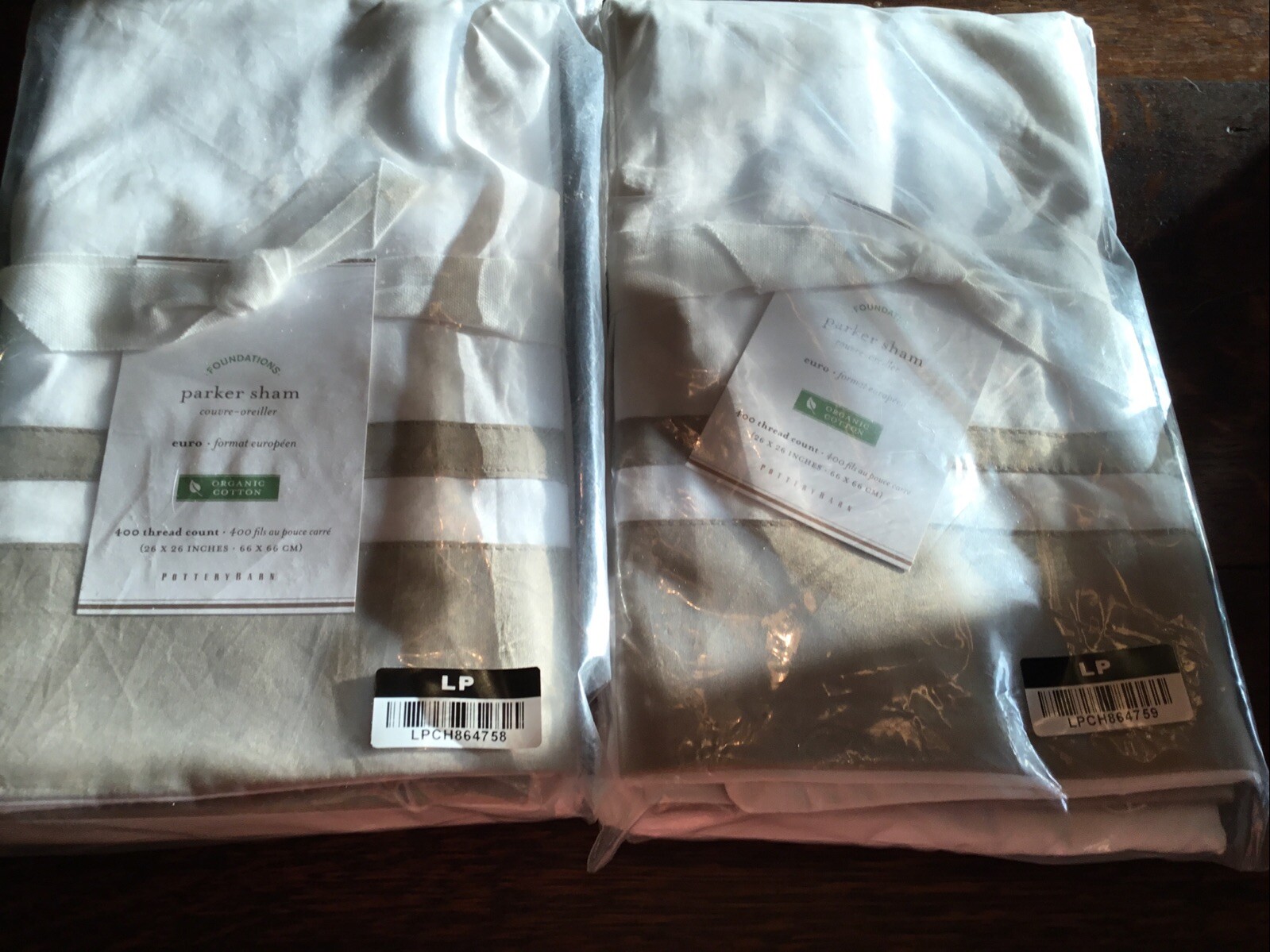 2 POTTERY BARN EURO SHAMS 26” PARKER TAUPE/WHITE 400 TC NWT