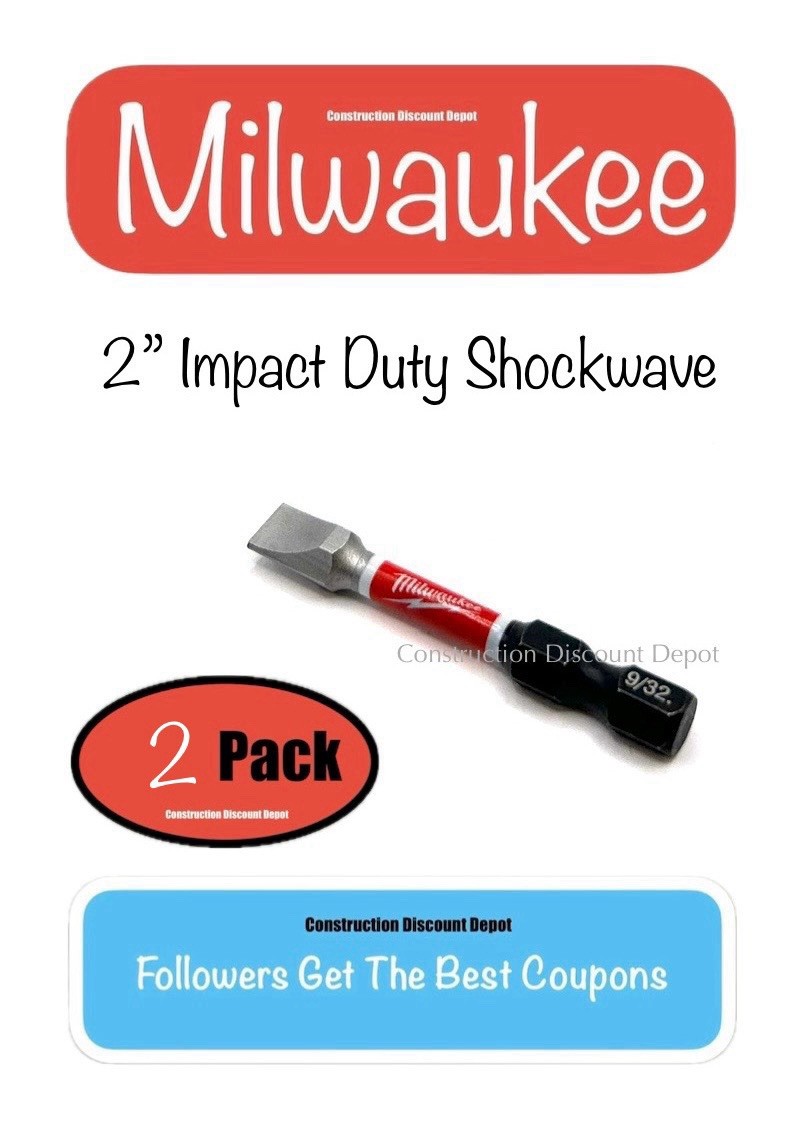 2 Pack Slotted SL#12 9/32" Milwaukee Shockwave Impact Duty Bit 2" Drill Bits
